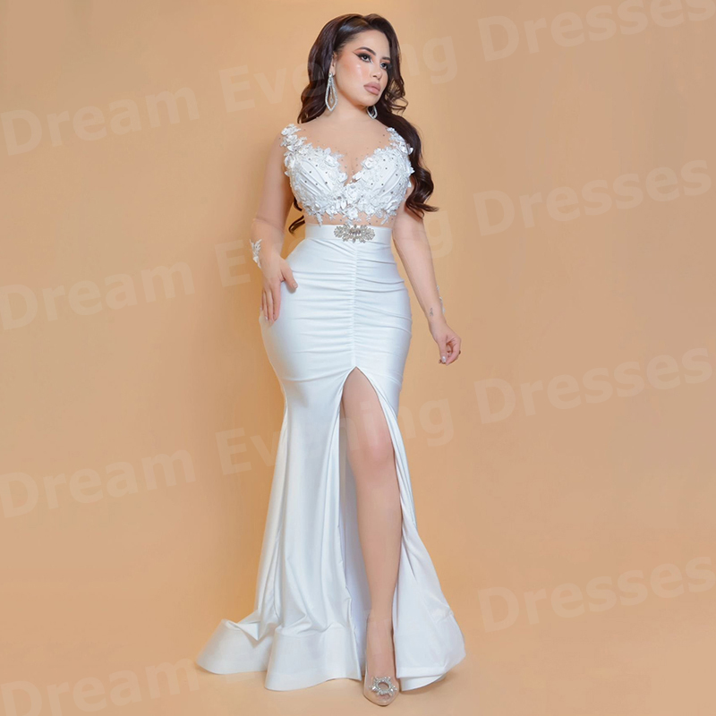 Elegant Satin Evening Gown Split - Gaun Malam Wanita Putih Elegan Model