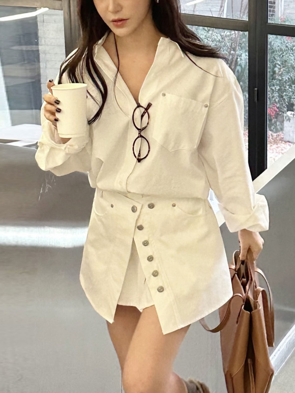 Korean Style A Line Shirt Dress - Gaun Kemeja Putih Wanita Model Korea