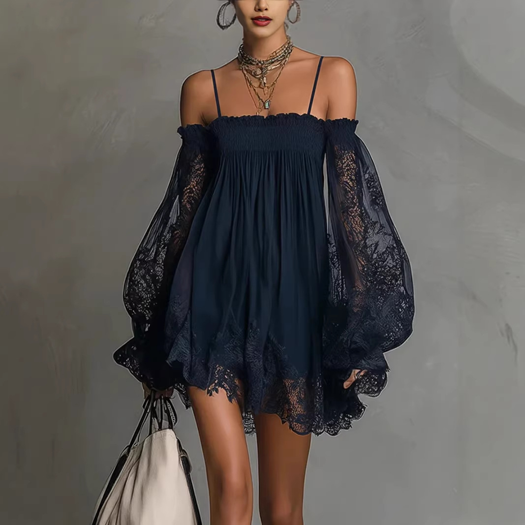 Off Shoulder Puff Sleeve Sundress - Gaun Mini Renda Off Shoulder Tali