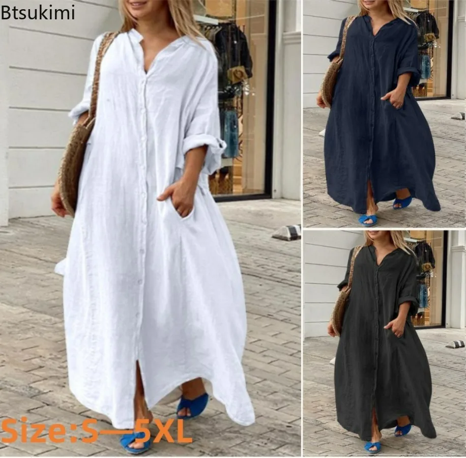 Casual Loose Linen Shirt Dress - Gaun Panjang Kasual Wanita 2026 Bahan