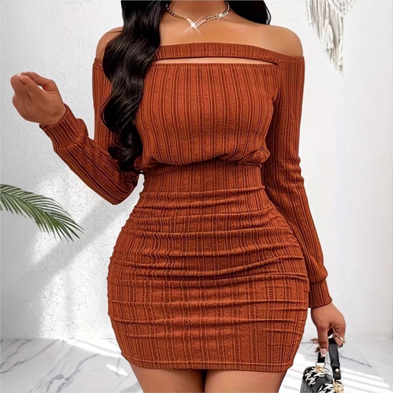 Bodycon Long Sleeve Ribbed Dress - Gaun Modis Wanita Gaun Pesta Mini