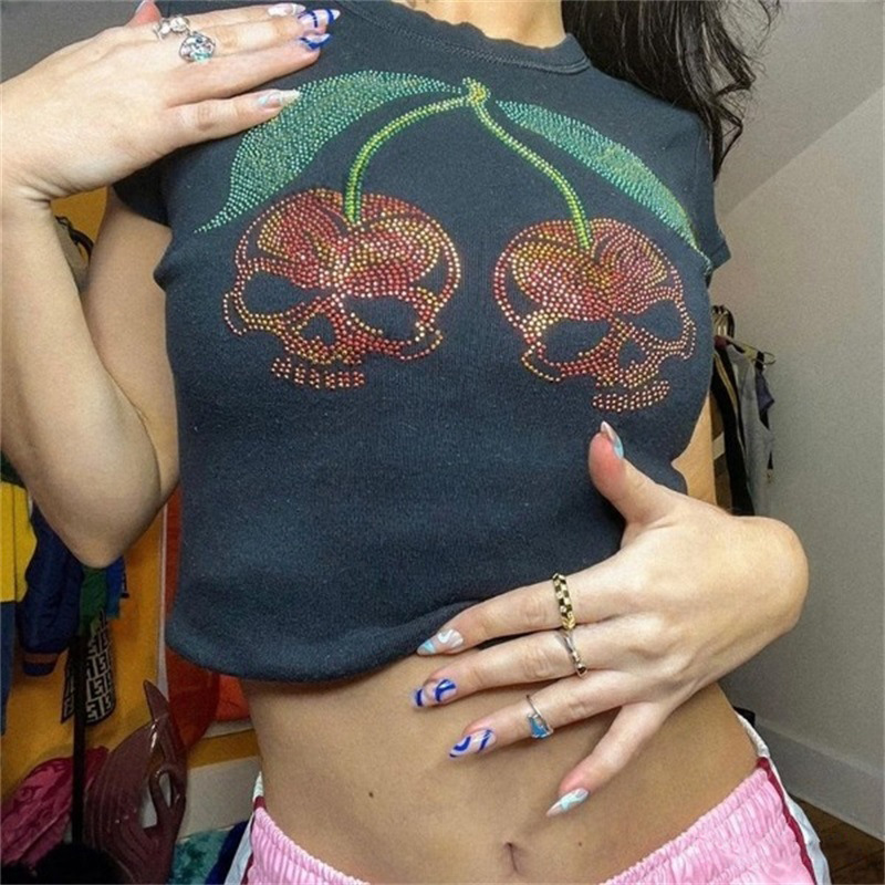 Y2K Graphic Baby Tee Crop - Kaus bayi perempuan Emo ramping estetika