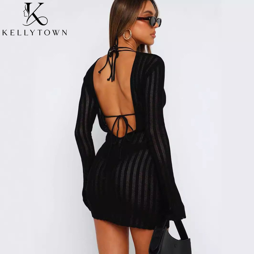 Bodycon Long Sleeve Ribbed Dress - Gaun Tanpa Punggung Seksi Rajutan Rib