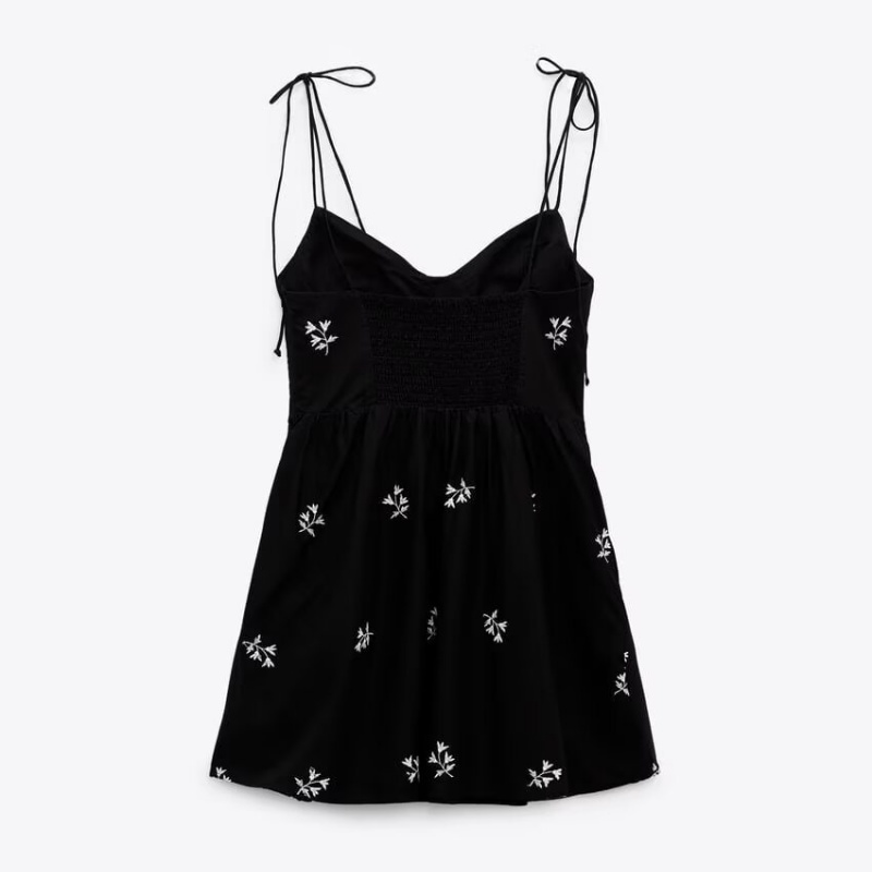 French Vintage Floral Midi Dress - Gaun hitam wanita, bahan taffeta, bordir