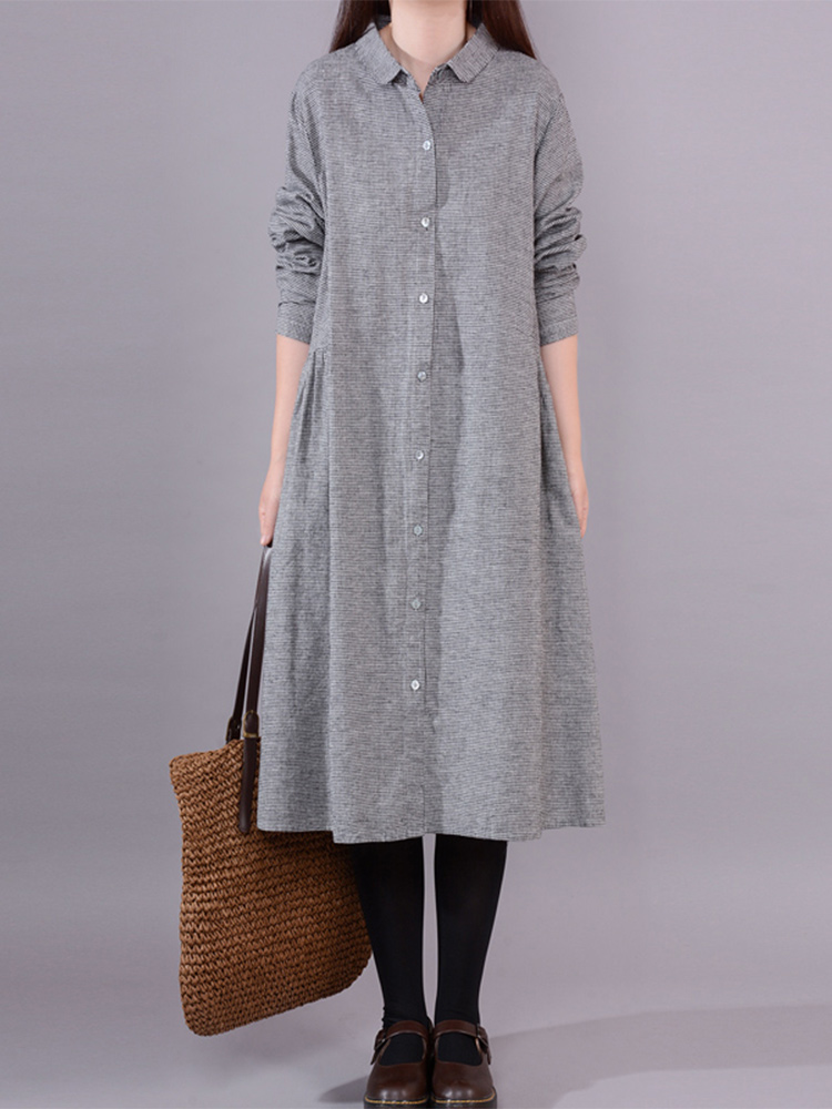 Korean Style A Line Shirt Dress - Gaun Kemeja Wanita Lengan Panjang Katun