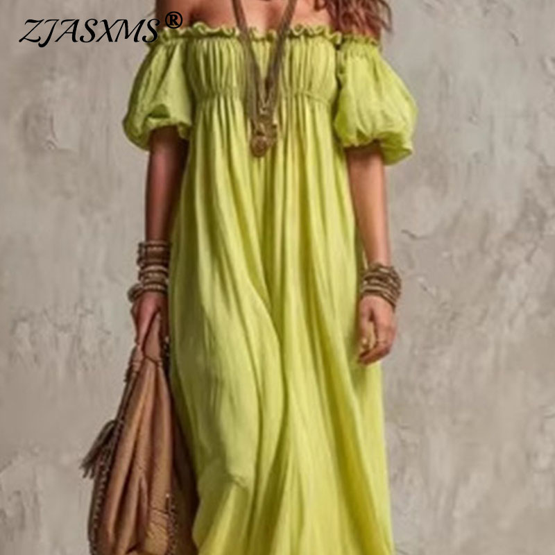 Off Shoulder Puff Sleeve Sundress - Gaun Maxi Wanita Kasual Liburan Pinggang