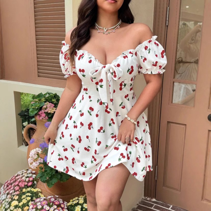 Off Shoulder Puff Sleeve Sundress - Gaun Wanita Musim Panas Gaun Bahu