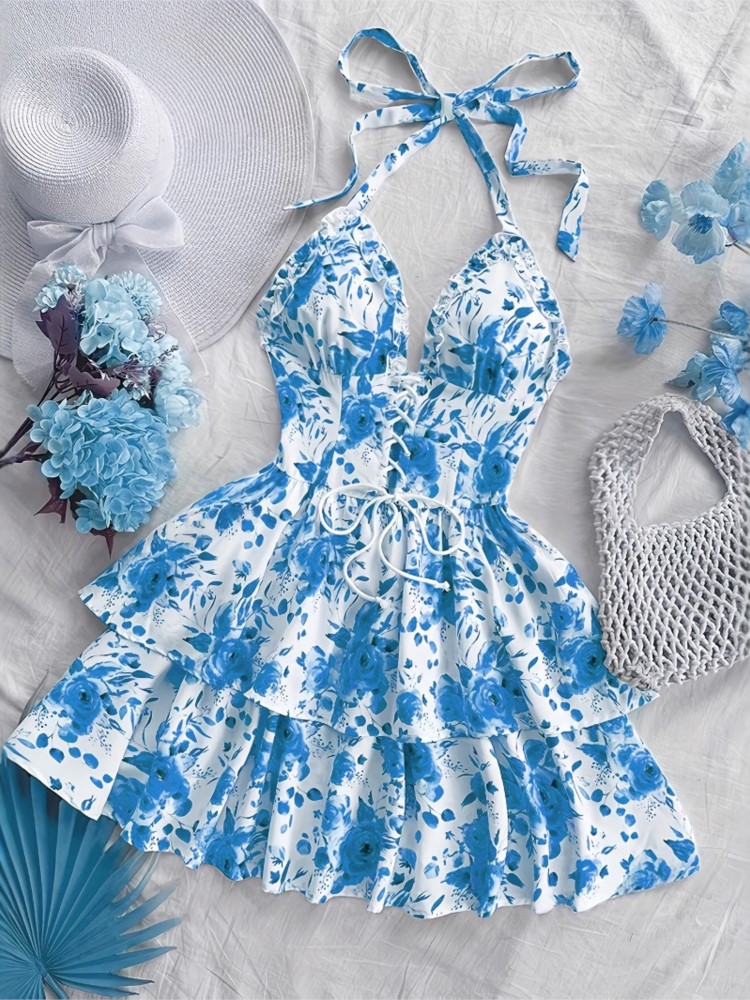 French Vintage Floral Midi Dress - Gaun Pendek Retro Gaya Liburan Wanita,