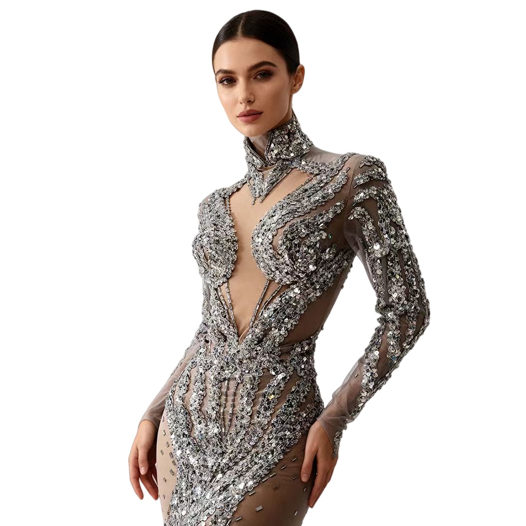 Sparkly Rhinestone Club Party Dress - Gaun Mini Bodycon Transparan dengan Payet