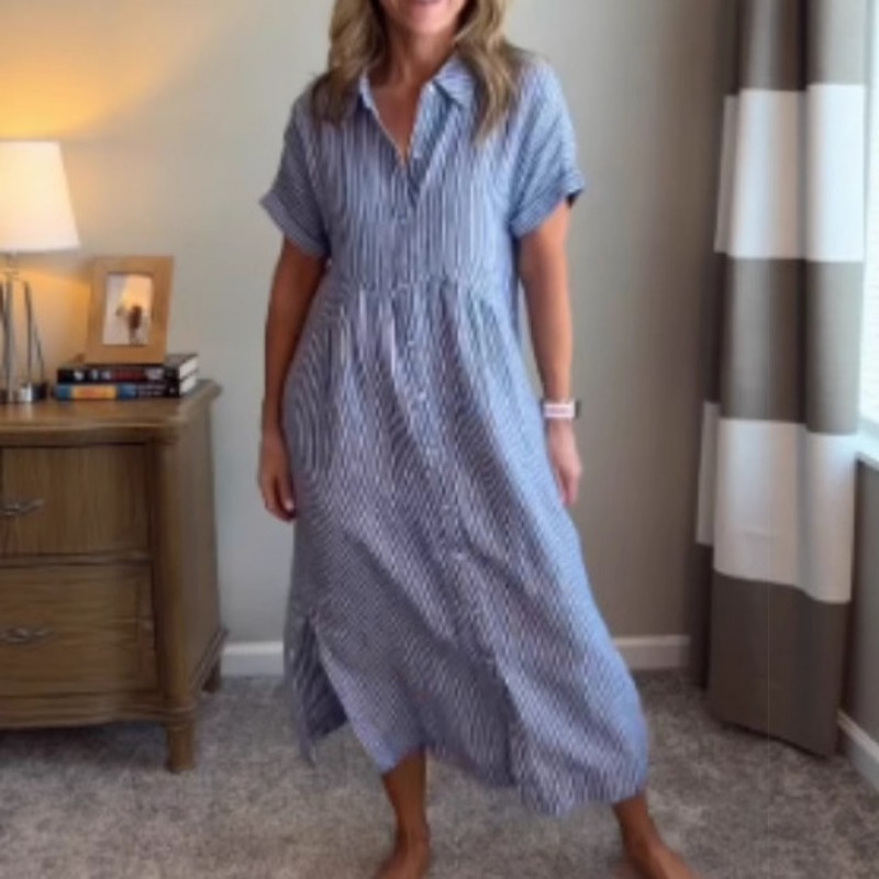 Casual Loose Linen Shirt Dress - Gaun Kemeja Wanita Bergaris, Model Longgar
