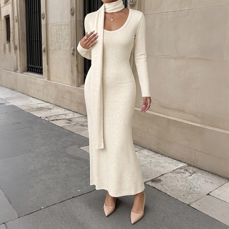 Bodycon Long Sleeve Ribbed Dress - Gaun Maxi Rajut Bergaris Elegan untuk