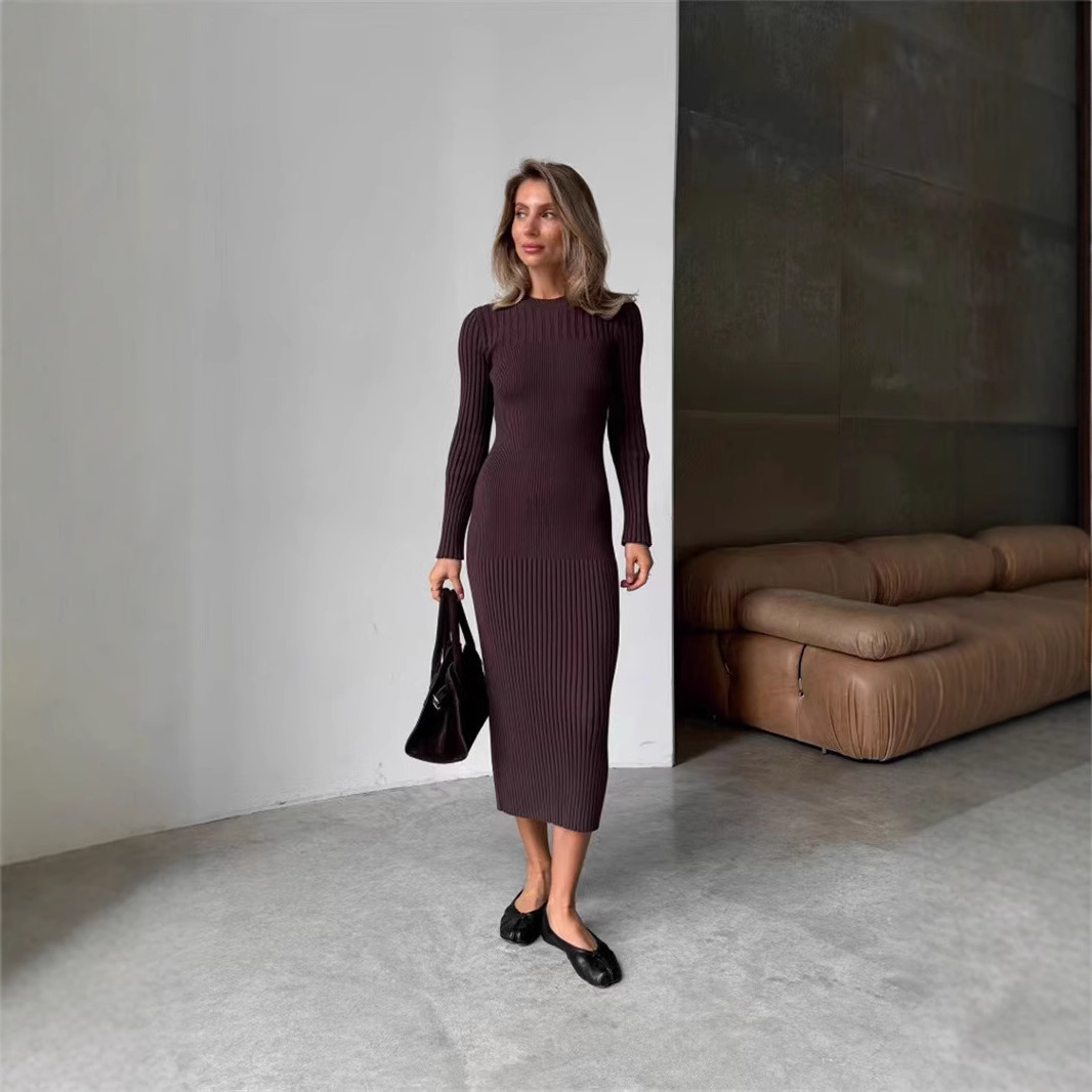 Gaun Maxi Rajut Wanita Musim S - Bodycon Long Sleeve Ribbed Dress ulasan dan harga