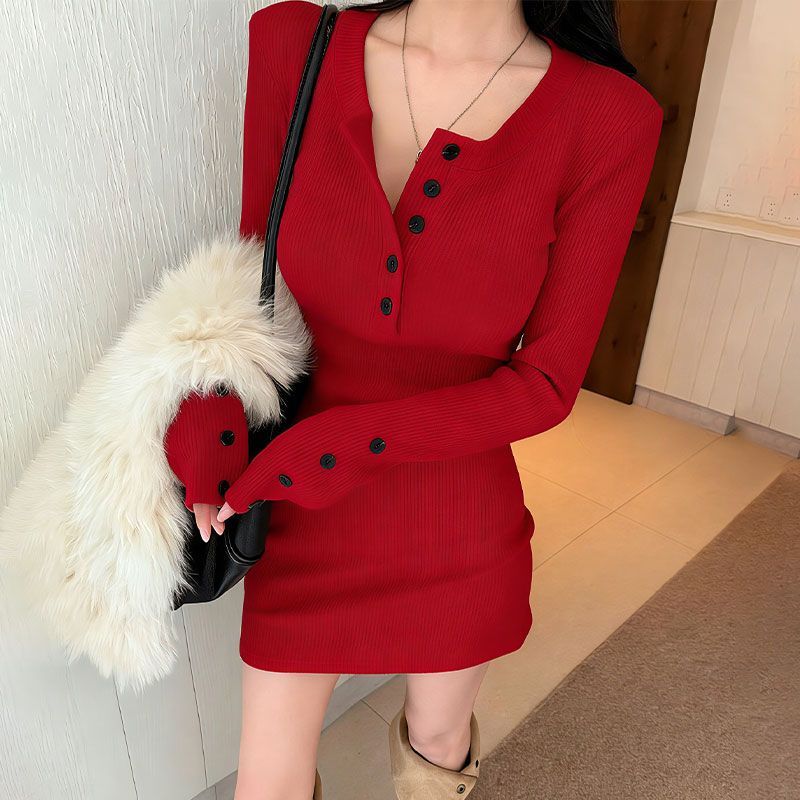 Gaun Rajut Bodycon Wanita Y2k  - Bodycon Long Sleeve Ribbed Dress ulasan dan harga