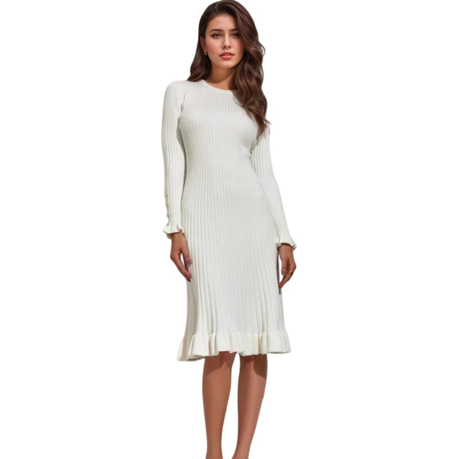 Gaun Bodycon Rajut Bergaris Le - Bodycon Long Sleeve Ribbed Dress ulasan dan harga