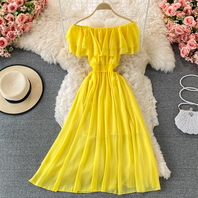 Gaun pantai wanita Solid kunin - Off Shoulder Puff Sleeve Sundress ulasan dan harga