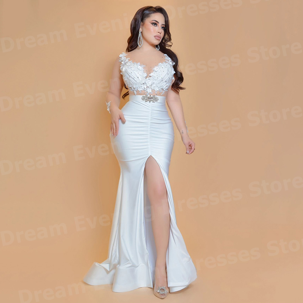 Gaun Malam Wanita Putih Elegan - Elegant Satin Evening Gown Split ulasan dan harga