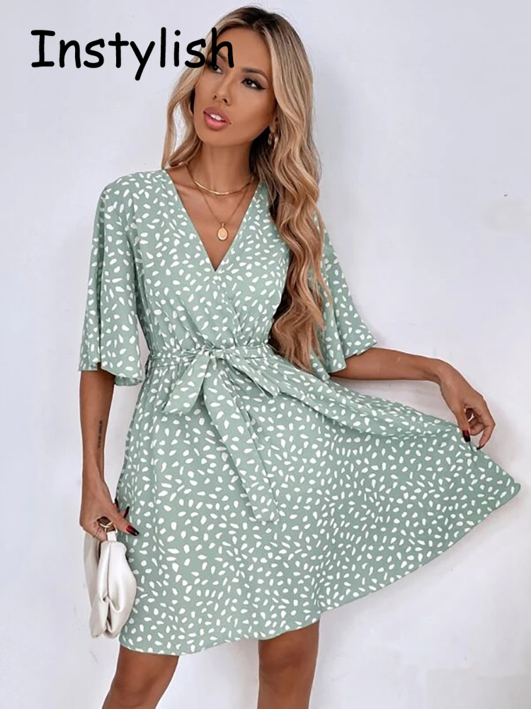 Gaun Mini motif titik kasual,  - French Vintage Floral Midi Dress ulasan dan harga