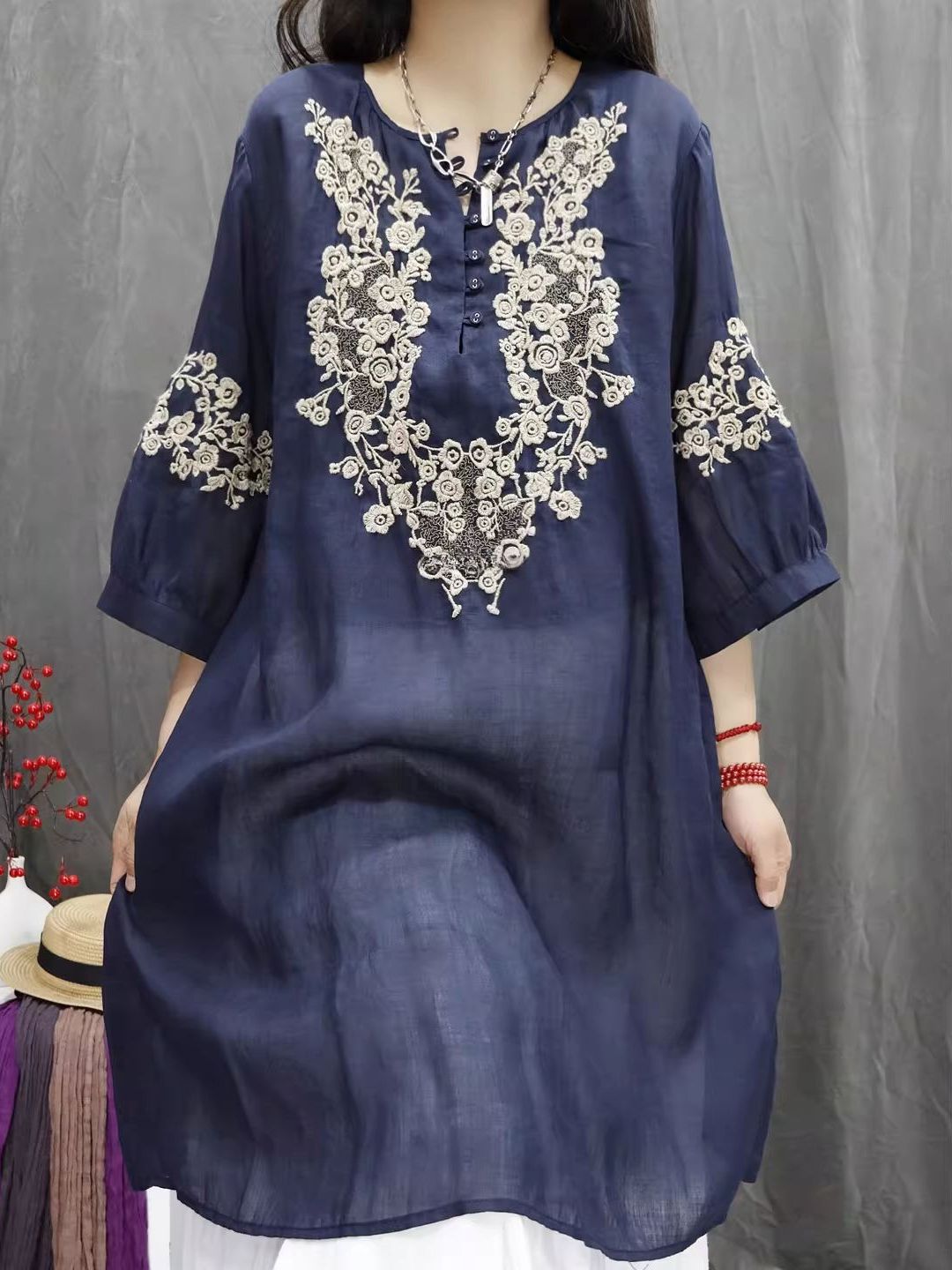 Atasan Bordir Katun Linen Retr - Casual Loose Linen Shirt Dress ulasan dan harga