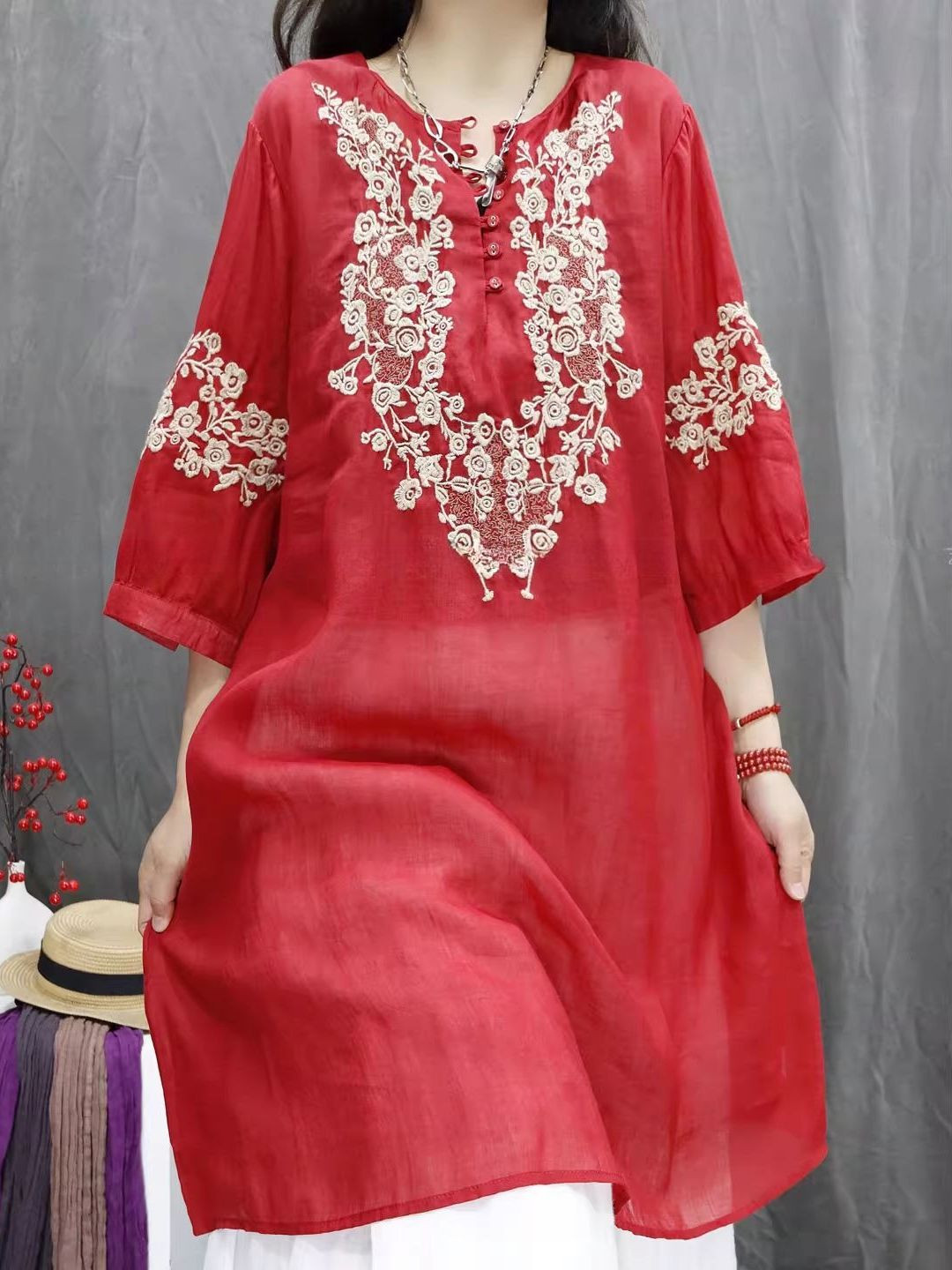 Atasan Bordir Katun Linen Retr - Casual Loose Linen Shirt Dress ulasan dan harga