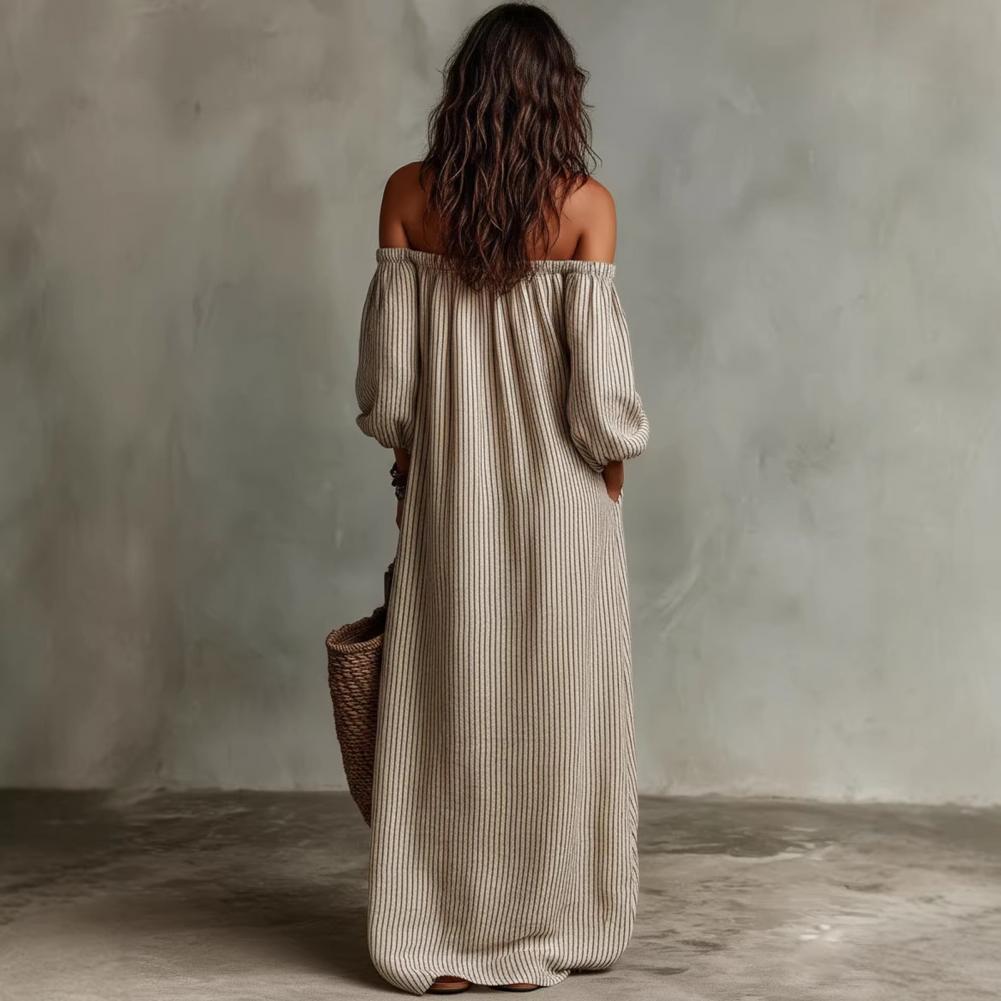 Gaun Maxi Wanita Musim Semi Mu - Off Shoulder Puff Sleeve Sundress ulasan dan harga