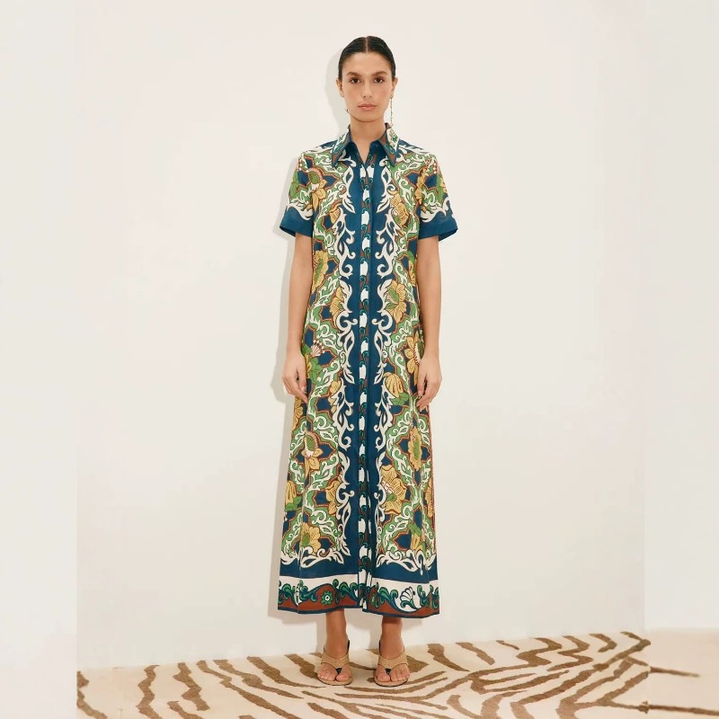 Gaun Kemeja Maxi Wanita Motif  - Casual Loose Linen Shirt Dress ulasan dan harga