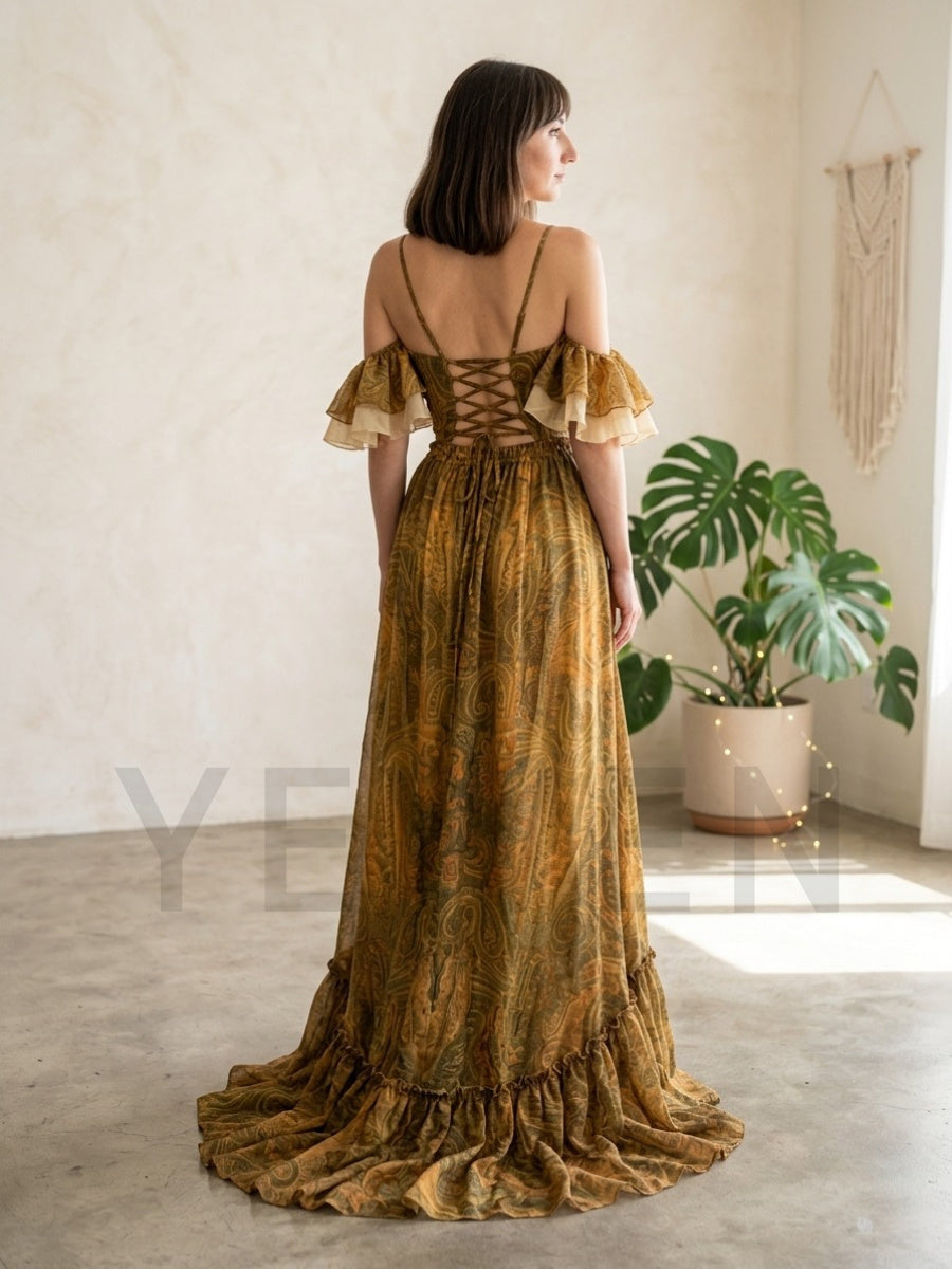 Set Gaun Maxi 2 Potong Motif B - Boho Summer Beach Maxi Dress ulasan dan harga