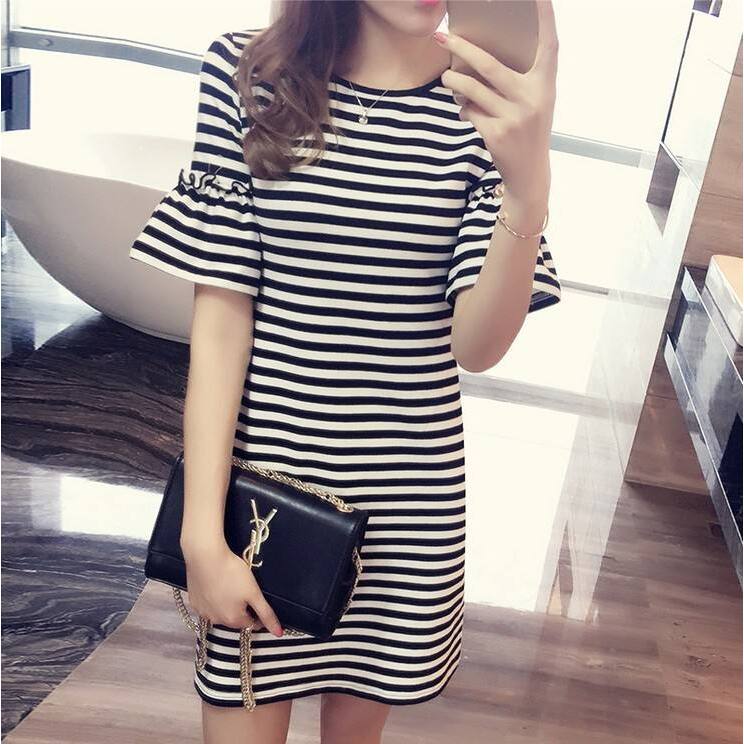 Gaun Bergaris Musim Panas Wani - Korean Style A Line Shirt Dress ulasan dan harga