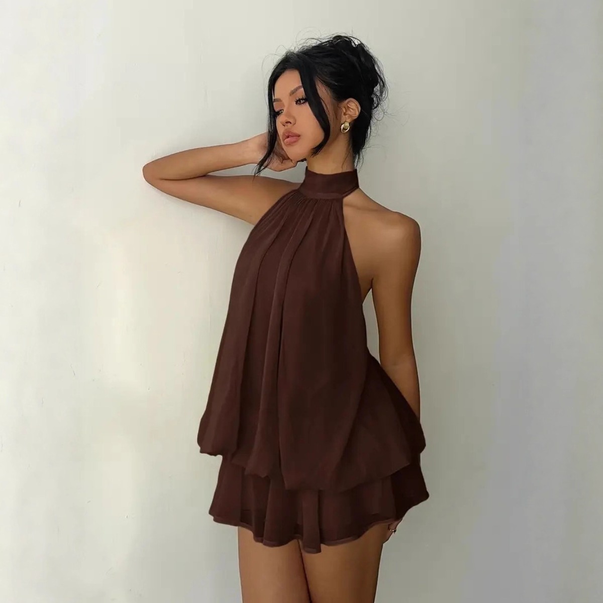 Gaun Wanita dengan Kerah Halte - Y2K Backless Halter Mini Dress ulasan dan harga