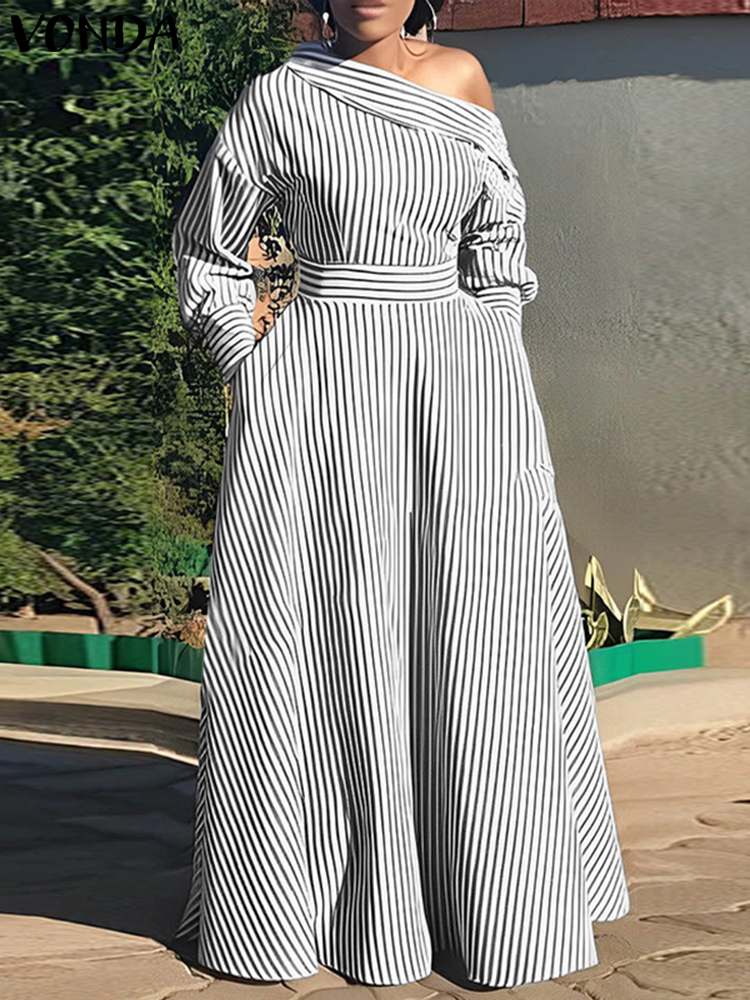 VONDA gaun Maxi bergaris wanit - Off Shoulder Puff Sleeve Sundress ulasan dan harga