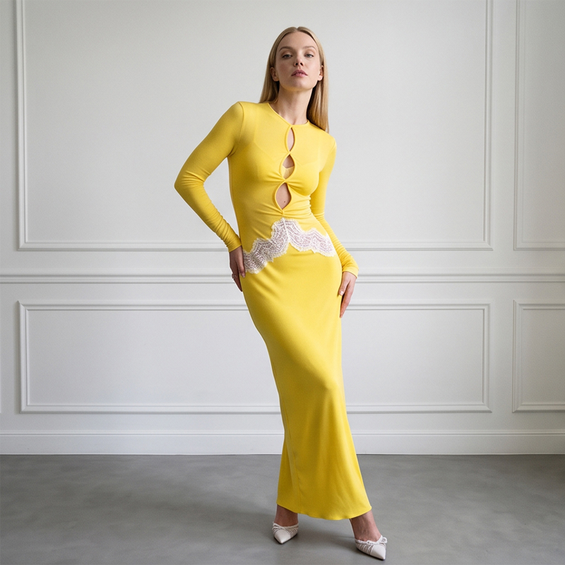 Gaun Maxi Wanita Lengan Panjan - Bodycon Long Sleeve Ribbed Dress ulasan dan harga