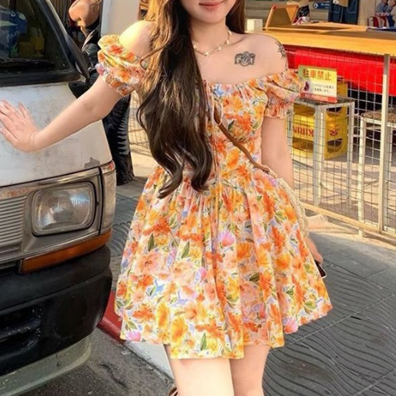 Gaun mini wanita warna oranye  - Off Shoulder Puff Sleeve Sundress ulasan dan harga