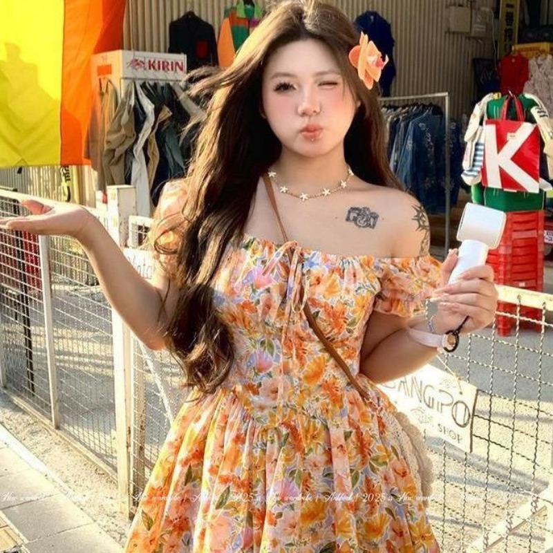 Gaun mini wanita warna oranye  - Off Shoulder Puff Sleeve Sundress ulasan dan harga