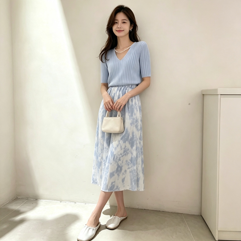Set Gaun T-shirt V-neck Lengan - Korean Style A Line Shirt Dress ulasan dan harga