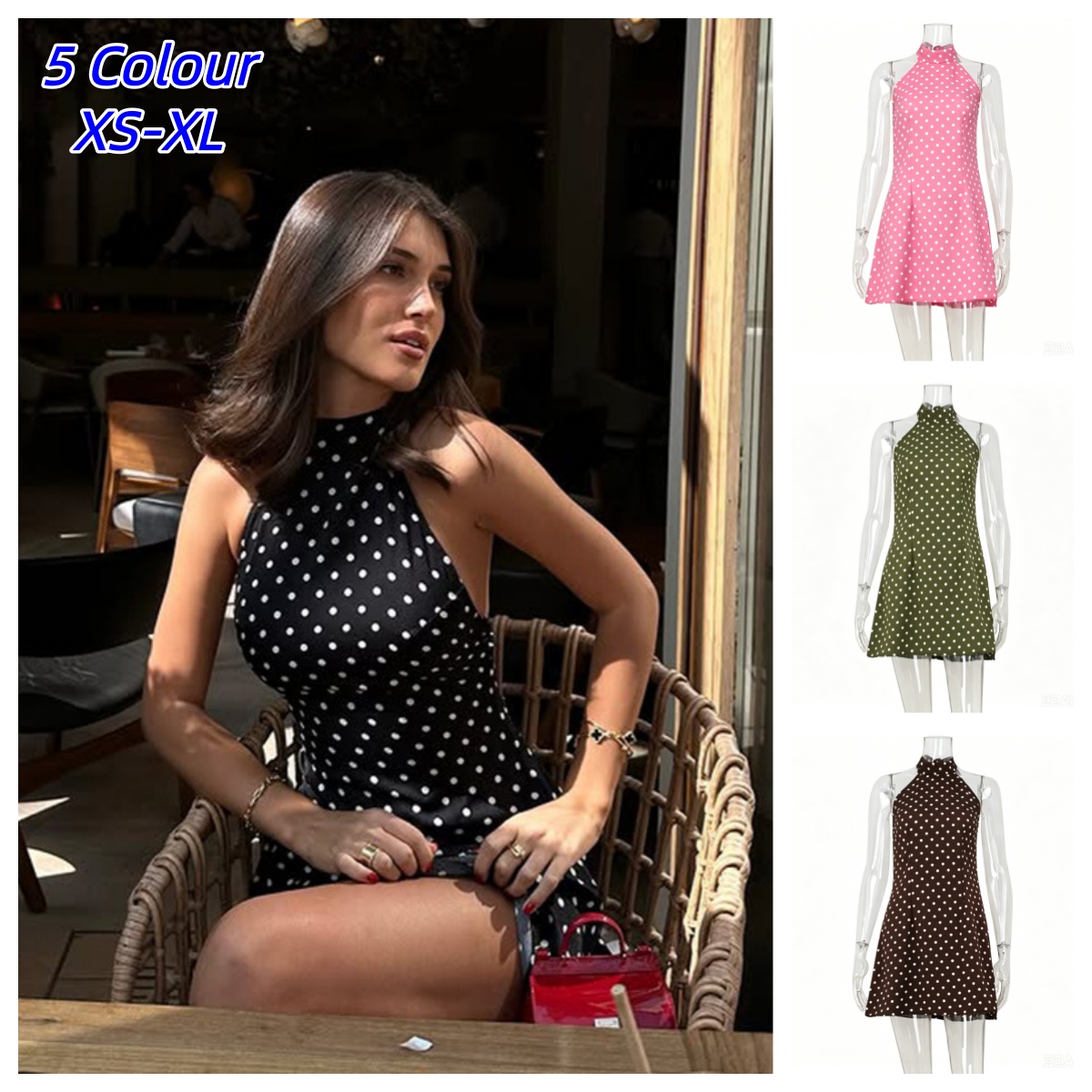 Gaun Halter Motif Polkadot Ret - Y2K Backless Halter Mini Dress ulasan dan harga