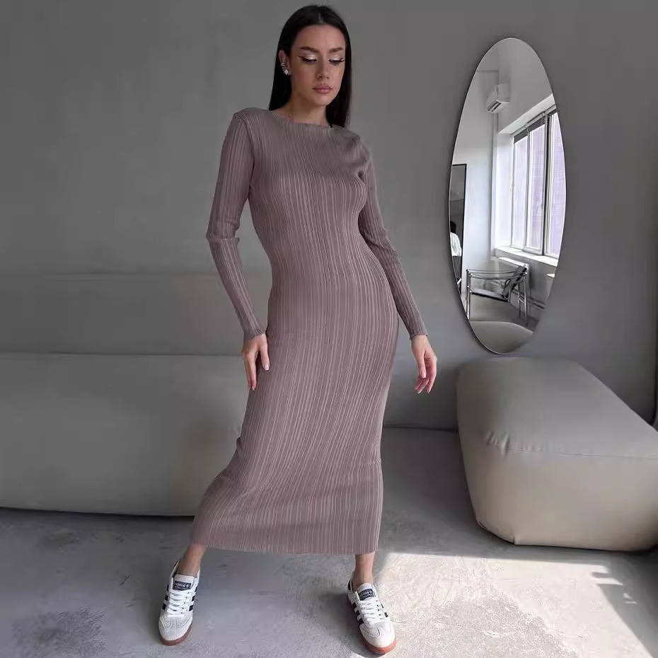 Gaun Maxi Wanita Elegan Kerah  - Bodycon Long Sleeve Ribbed Dress ulasan dan harga