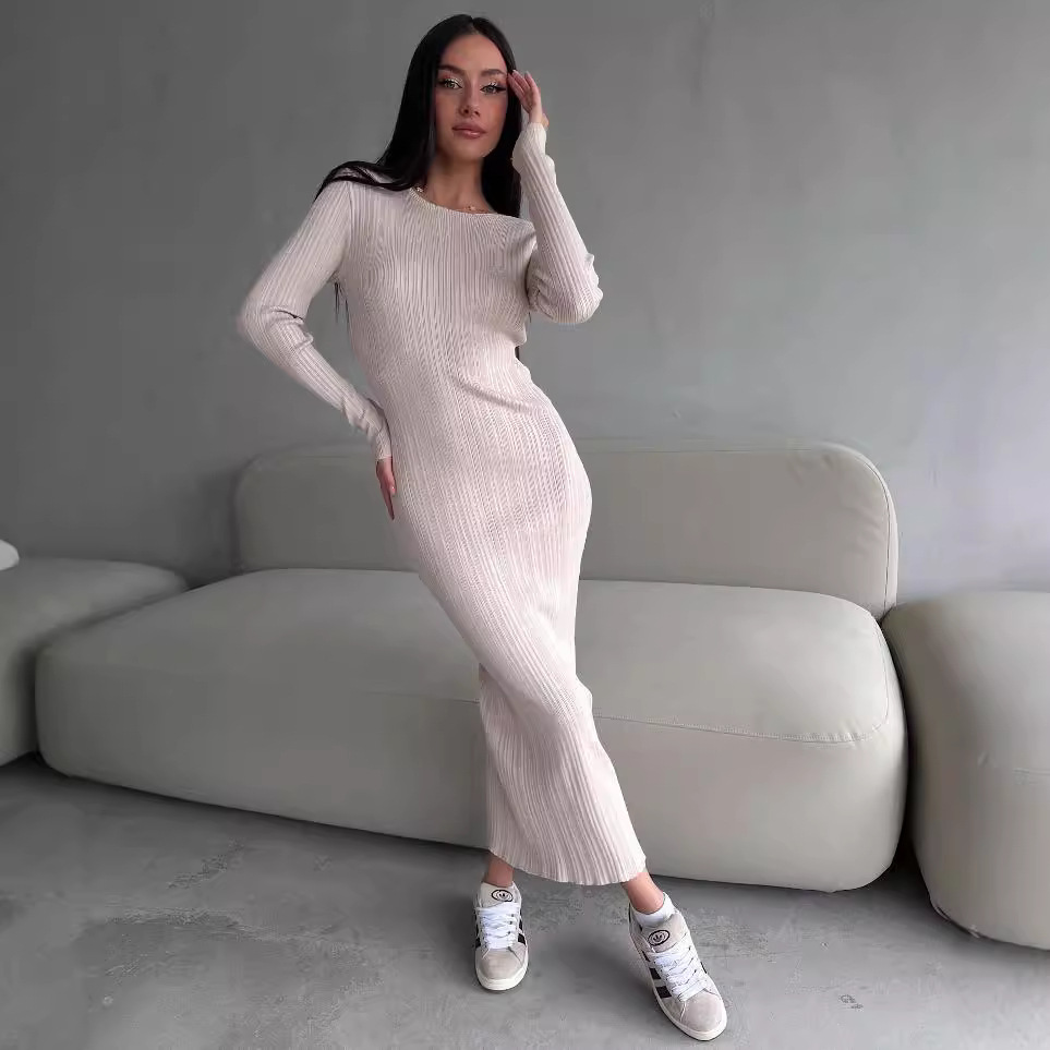 Gaun Maxi Wanita Elegan Kerah  - Bodycon Long Sleeve Ribbed Dress ulasan dan harga