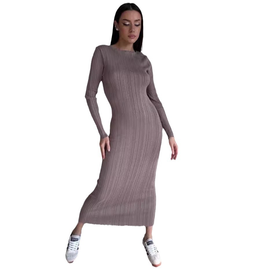 Gaun Maxi Wanita Elegan Kerah  - Bodycon Long Sleeve Ribbed Dress ulasan dan harga