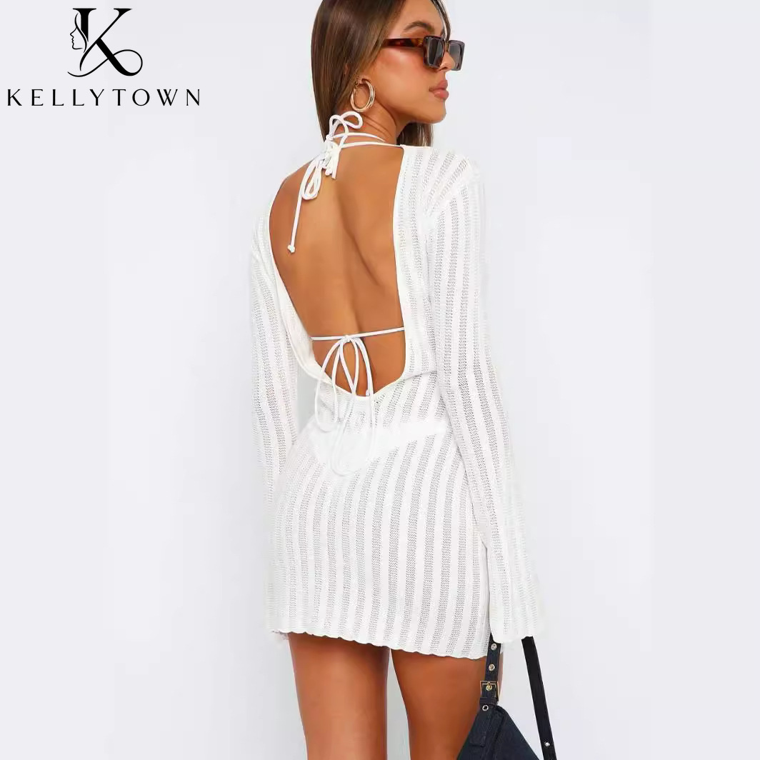 Gaun Tanpa Punggung Seksi Raju - Bodycon Long Sleeve Ribbed Dress ulasan dan harga