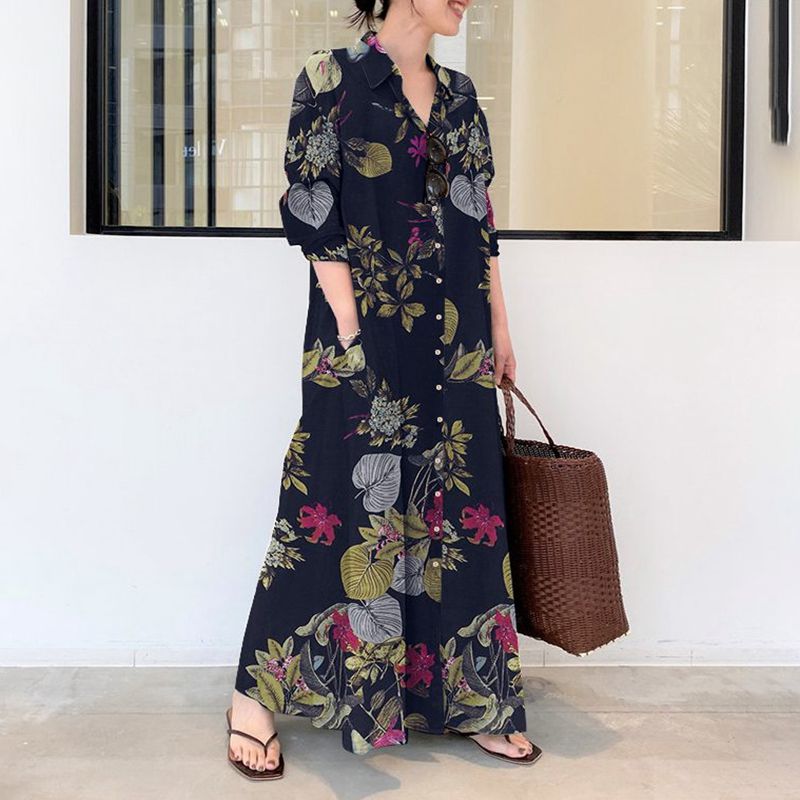 Gaun Katun dan Linen Kasual Uk - Casual Loose Linen Shirt Dress ulasan dan harga