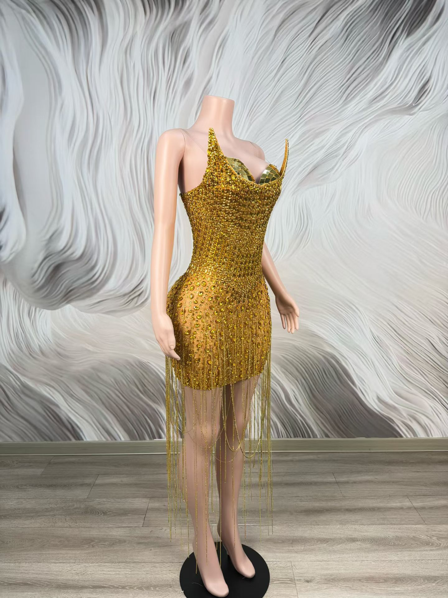 Gaun Koktail Mewah Emas untuk  - Sparkly Rhinestone Club Party Dress ulasan dan harga