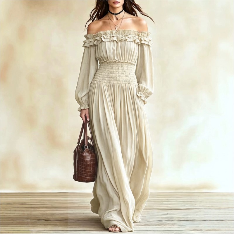 Gaun Maxi Wanita Off-Shoulder  - Off Shoulder Puff Sleeve Sundress ulasan dan harga