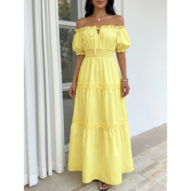 Gaun Maxi A-line Bohemian Musi - Off Shoulder Puff Sleeve Sundress ulasan dan harga