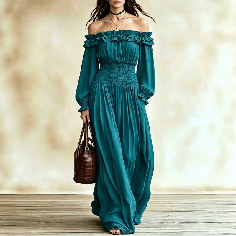 Gaun Maxi Fashion Off Shoulder - Off Shoulder Puff Sleeve Sundress ulasan dan harga