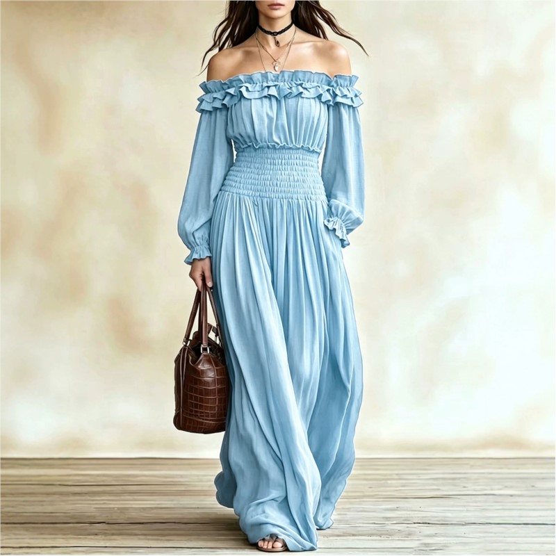 Gaun Maxi Fashion Off Shoulder - Off Shoulder Puff Sleeve Sundress ulasan dan harga