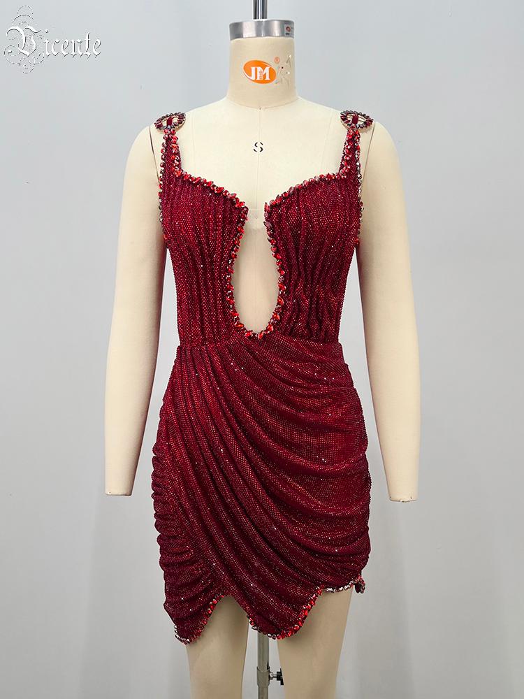 Gaun Mini Merah Seksi Berhias  - Sparkly Rhinestone Club Party Dress ulasan dan harga