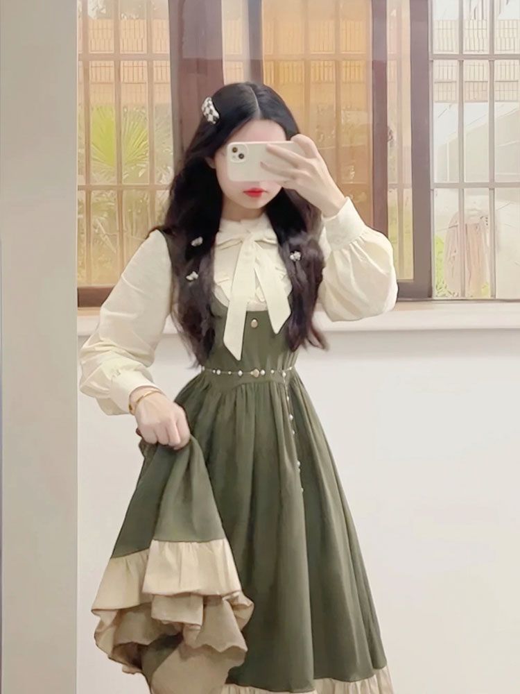 Gaun Tali Desain Lolita Preppy - Korean Style A Line Shirt Dress ulasan dan harga