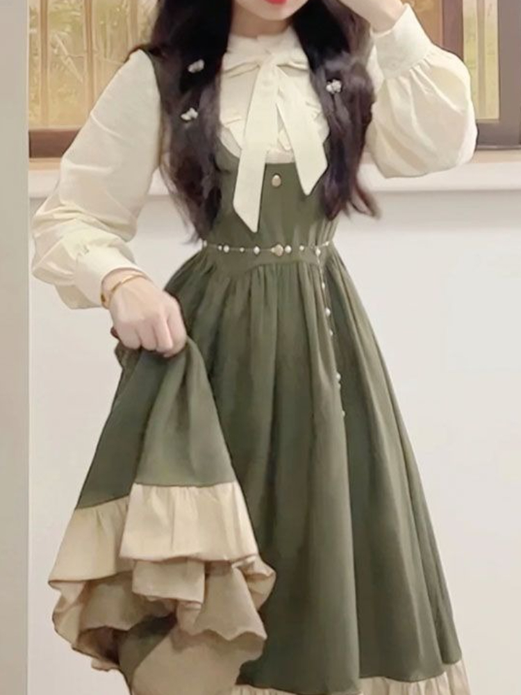 Gaun Tali Desain Lolita Preppy - Korean Style A Line Shirt Dress ulasan dan harga