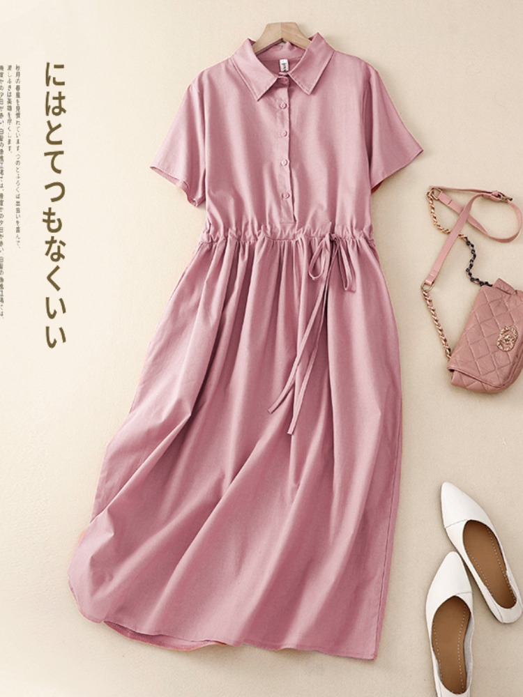 Gaun Wanita Katun Linen Model  - Korean Style A Line Shirt Dress ulasan dan harga