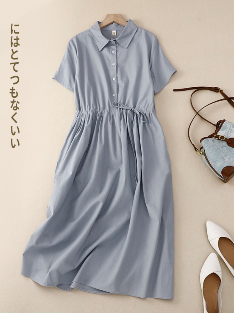 Gaun Wanita Katun Linen Model  - Korean Style A Line Shirt Dress ulasan dan harga