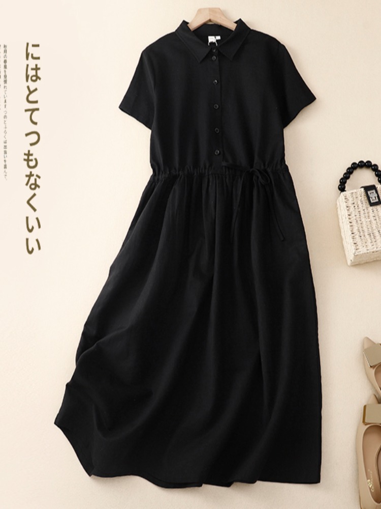 Gaun Wanita Katun Linen Model  - Korean Style A Line Shirt Dress ulasan dan harga